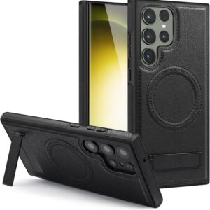 Luxury Retro Leather Back Cover With Invisible Stand Magnetic Wireless Charging Case For Samsung Galaxy S22 Ultra, S23 Ultra, S24 Ultra & S25 Ultra