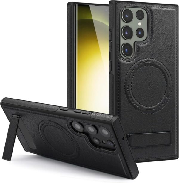 Luxury Retro Leather Back Cover With Invisible Stand Magnetic Wireless Charging Case For Samsung Galaxy S22 Ultra, S23 Ultra, S24 Ultra & S25 Ultra