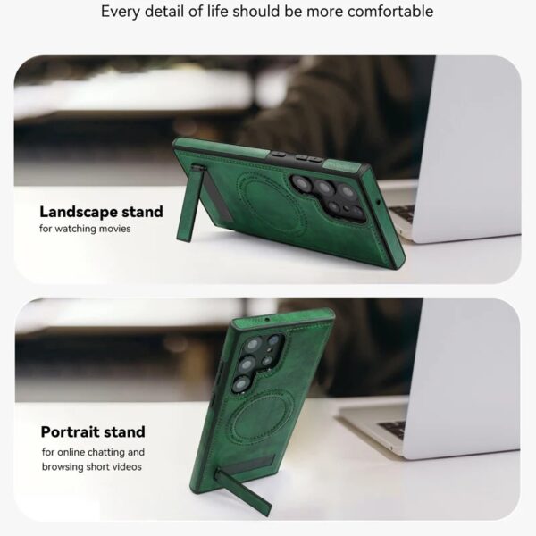 Luxury Retro Leather Back Cover With Invisible Stand Magnetic Wireless Charging Case For Samsung Galaxy S22 Ultra, S23 Ultra, S24 Ultra & S25 Ultra - Image 9