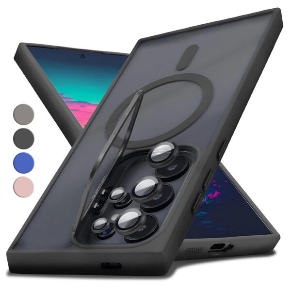 Premium Metalic Bracket Shockproof Magnetic Transparent Protective Casing that comes with 5 Camera Lens Glass Protectors and Supports Magsafe Charging for Samsung Galaxy S Series - Image 4
