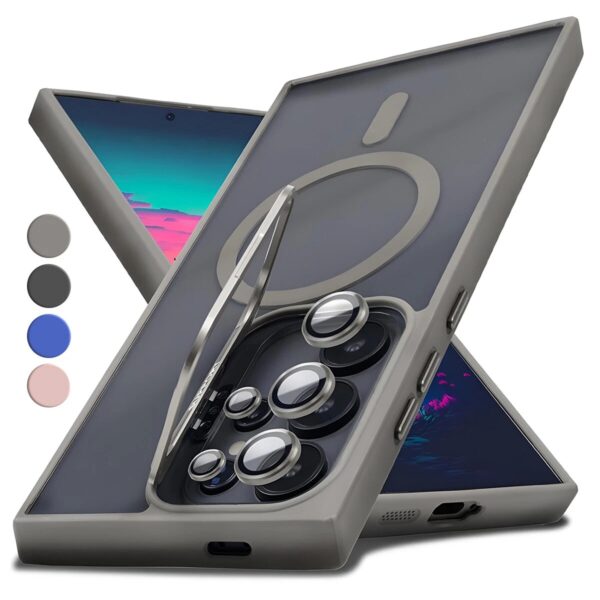 Premium Metalic Bracket Shockproof Magnetic Transparent Protective Casing that comes with 5 Camera Lens Glass Protectors and Supports Magsafe Charging for Samsung Galaxy S Series