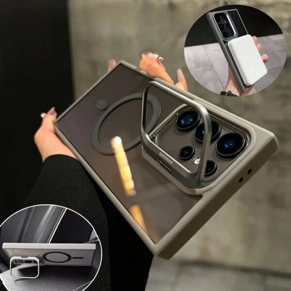 Premium Metalic Bracket Shockproof Magnetic Transparent Protective Casing that comes with 5 Camera Lens Glass Protectors and Supports Magsafe Charging for Samsung Galaxy S Series - Image 14