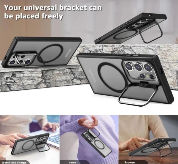 Premium Metalic Bracket Shockproof Magnetic Transparent Protective Casing that comes with 5 Camera Lens Glass Protectors and Supports Magsafe Charging for Samsung Galaxy S Series - Image 8