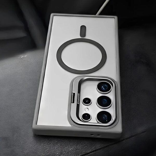 Premium Metalic Bracket Shockproof Magnetic Transparent Protective Casing that comes with 5 Camera Lens Glass Protectors and Supports Magsafe Charging for Samsung Galaxy S Series - Image 6