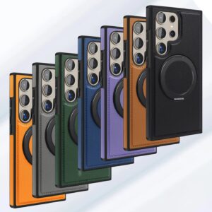 Luxury Leather Back Cover With Built-in Invisible Kickstand Magnetic Wireless Charging Case For Samsung Galaxy S25 Ultra, S24 Ultra & S23 Ultra