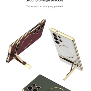 Midkart Leather Cover Compatible with Samsung Galaxy S23/S24/S25 Ultra and Compatible with Magsafe Charging Kickstand Electroplating Independent Camera Protection Cover