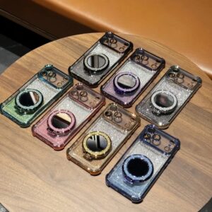 Magnetic Bracket Mirror Diamond Bling Glitter Case With Built-in Camera Lens Protector Full Protective Cover For iPhone 17 Pro Max