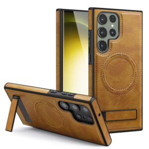 Original Leather Back Cover With Invisible Stand Magnetic Wireless Charging Case For Samsung Galaxy S25,S24,S23&S22 Ultra