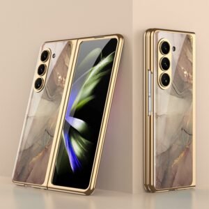 Marble Patterned Shockproof Armor Case For Samsung Galaxy Z Fold3,4,5,6&7 With Hinge Protection 360 Degree Case with Built-in Screen Protector